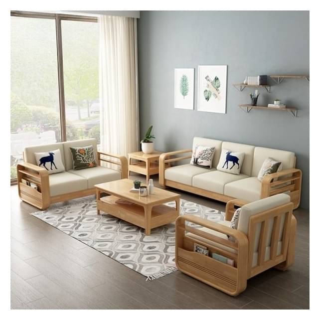 Scandinavian Beige Solid Mango Wood 5 Seater Sofa Set