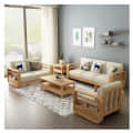 Scandinavian Beige Solid Mango Wood 5 Seater Sofa Set - front_view
