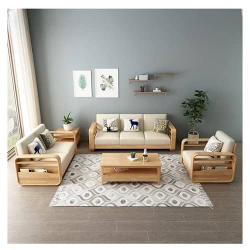 Scandinavian Beige Solid Mango Wood 5 Seater Sofa Set