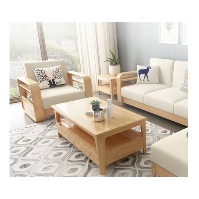 Scandinavian Beige Solid Mango Wood 5 Seater Sofa Set
