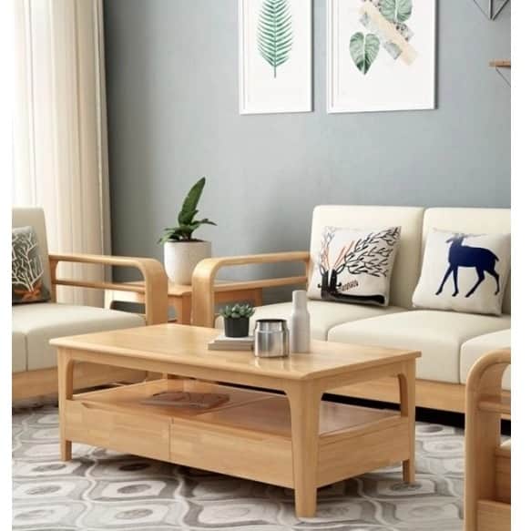Scandinavian Beige Solid Mango Wood 5 Seater Sofa Set - left_view