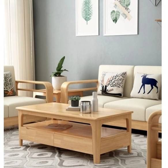 Scandinavian Beige Solid Mango Wood 5 Seater Sofa Set