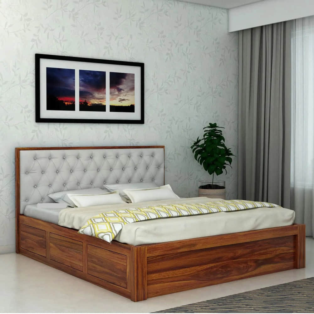 Decan Solid Sheesham Wood King Size Bed With Storage - photo