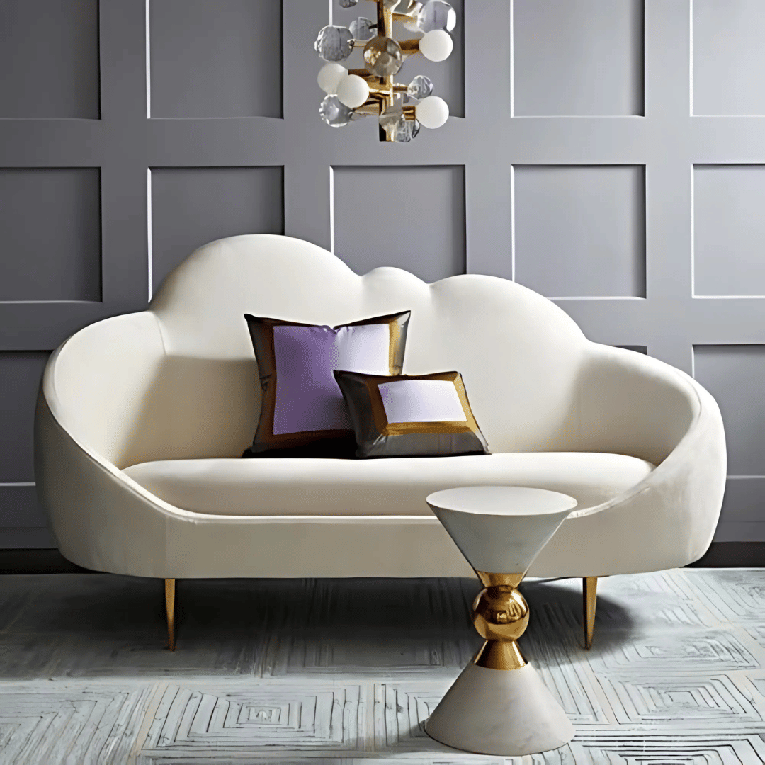 Velvet 2-Seater Couch Cloud Shape With Golden Legs