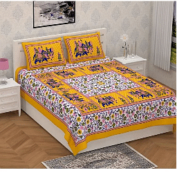 Attractive Yellow Colored Jaipuri Print Cotton Double Bedsheet with 2 Pillow Cover - photo