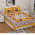 Attractive Yellow Colored Jaipuri Print Cotton Double Bedsheet with 2 Pillow Cover - photo