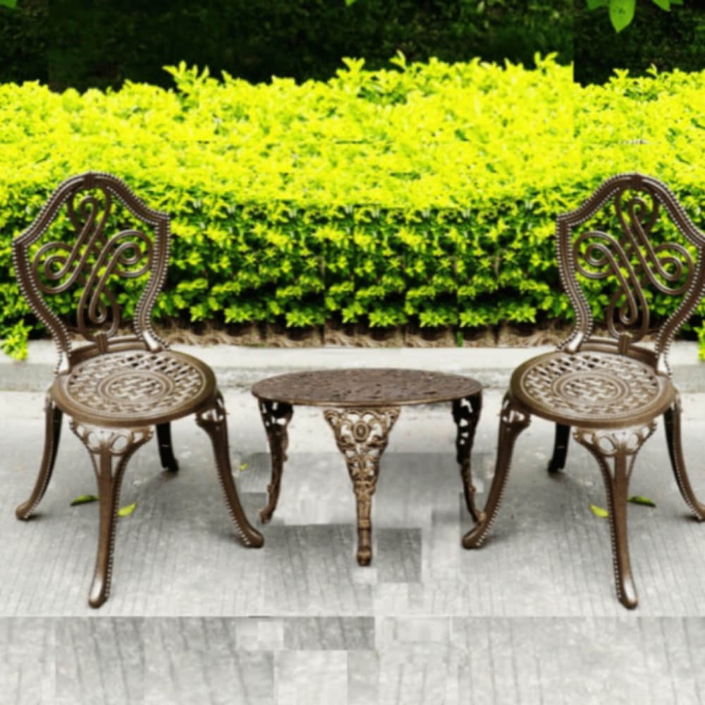 Bergere Brown Cast Aluminum Chair & Table Set - photo