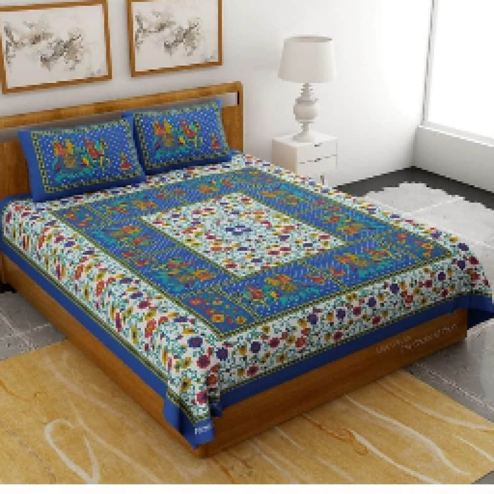 Exceptional Blue Colored Jaipuri Print Cotton Double Bedsheet with 2 Pillow Cover - photo