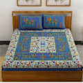 Exceptional Blue Colored Jaipuri Print Cotton Double Bedsheet with 2 Pillow Cover - front_view