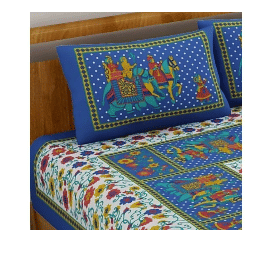 Exceptional Blue Colored Jaipuri Print Cotton Double Bedsheet with 2 Pillow Cover - top_view