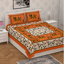 Majesty Orange Printed Cotton Double Bedsheet With 2 Pillow Cover - photo