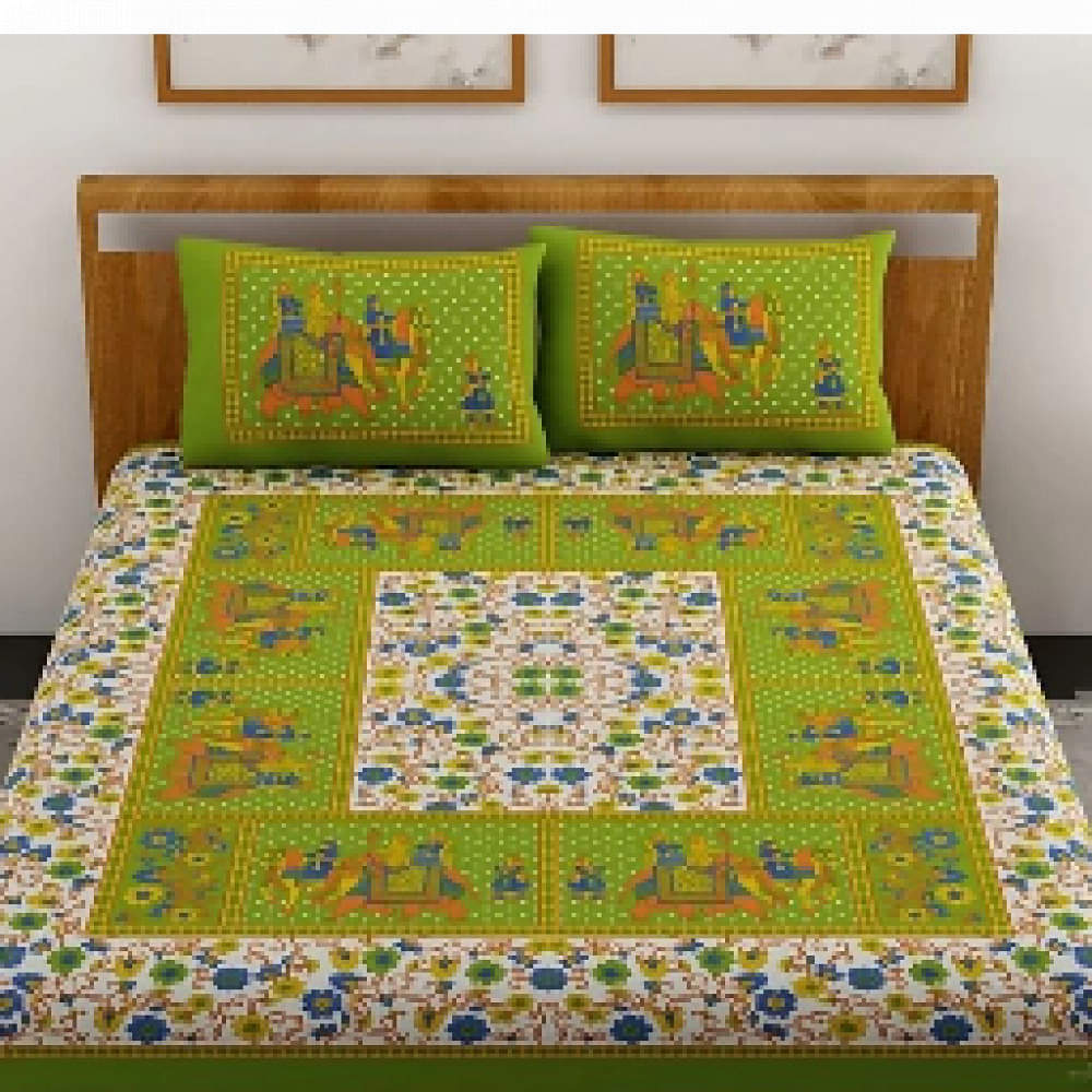 Printed Cotton Double Bed sheet With 2 Pillow Cover Green - photo