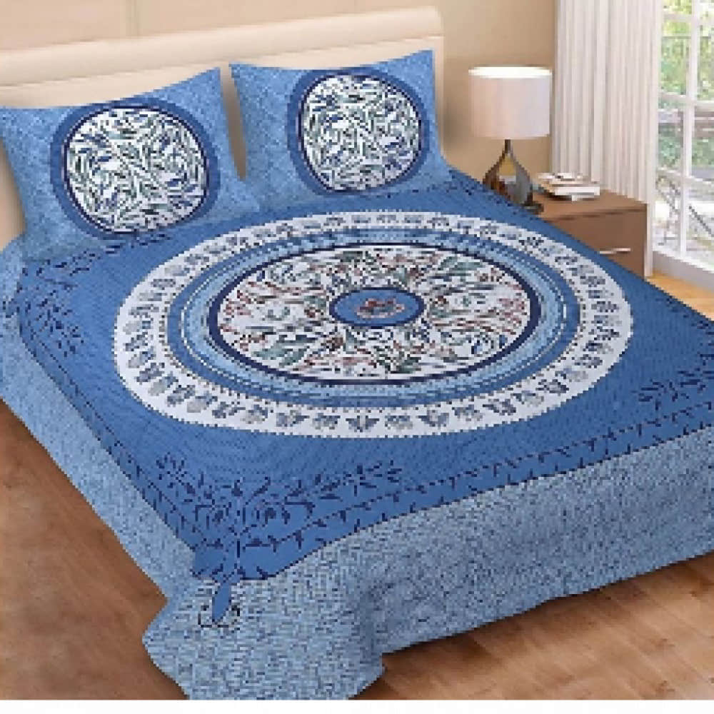 Delightful Blue Colored Print Cotton Double Bed sheet with 2 Pillow Cover - photo