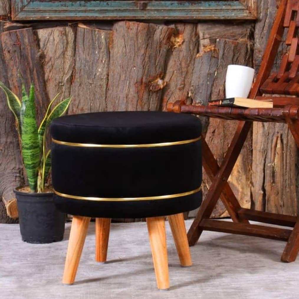 Pouffes Sitting Stool For Living Room, Mudda Puffy Wooden Ottoman Stools, Pouffe Footstool 16x16x18 Inch, Black