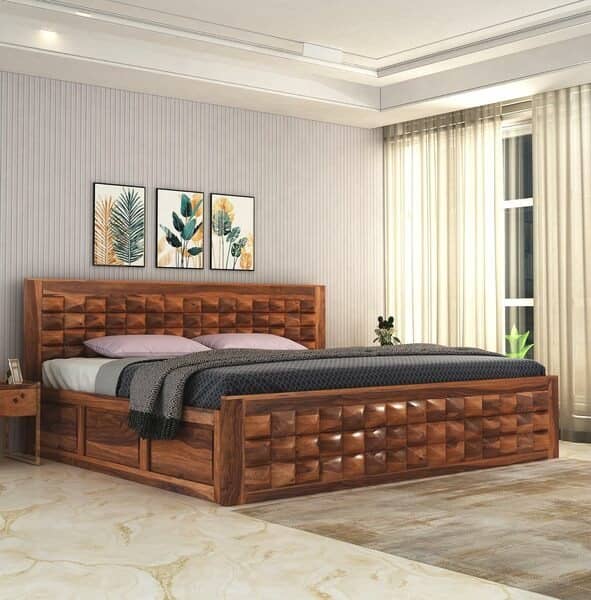 Diamond Sheesham Wood King Size Bed with Storage Box (Brown,With Storage)