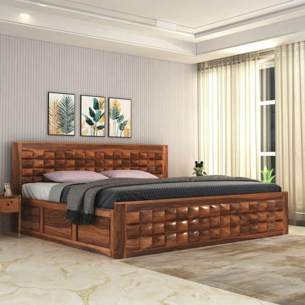 Diamond Sheesham Wood King Size Bed with Storage Box (Brown,With Storage) - photo