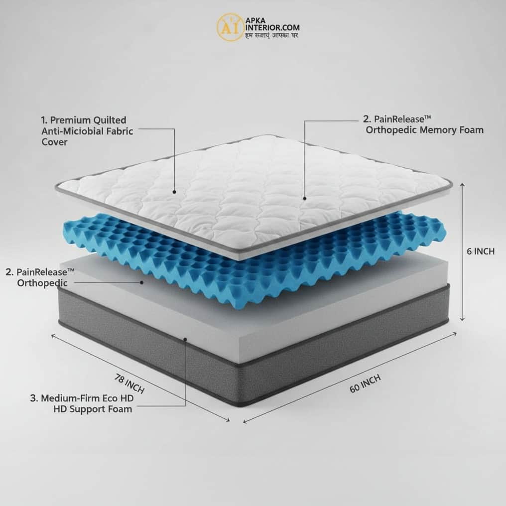 Orthopedic Mattress Queen Size  (78x60x6 Inch) | Medium-Firm Feel, Pain Release ; Spine Support - top_view
