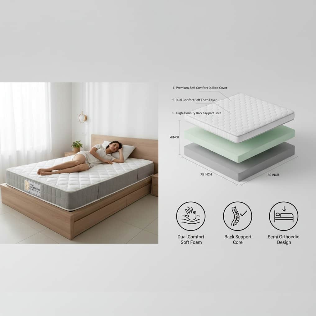 Semi Orthopedic Mattress | Softy Foam for Dual Comfort, Back Support & Pain Relief | Single Size (75x30x4 Inch), White - top_view