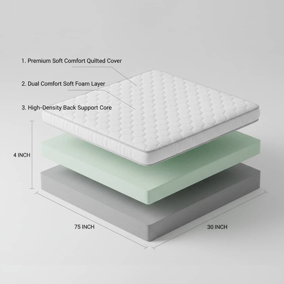 Semi Orthopedic Mattress | Softy Foam for Dual Comfort, Back Support & Pain Relief | Single Size (75x30x4 Inch), White