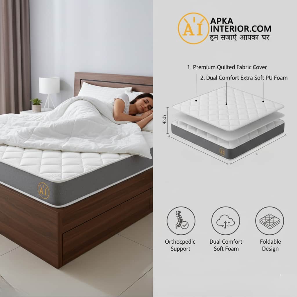 Queen Size 4-Inch Orthopaedic Foldable Mattress (72x60) | Dual Fold, Extra Comfort PU Foam Floor Bed for Guests & Travel - top_view