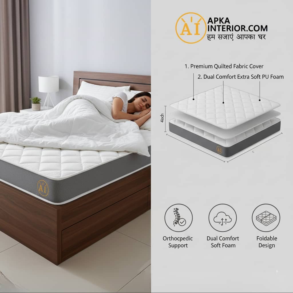 Queen Size 4-Inch Orthopaedic Foldable Mattress (72x60) | Dual Fold, Extra Comfort PU Foam Floor Bed for Guests & Travel