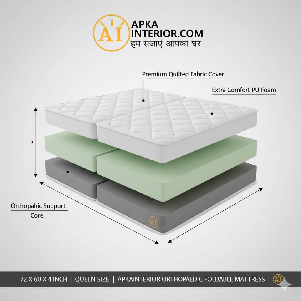 Queen Size 4-Inch Orthopaedic Foldable Mattress (72x60) | Dual Fold, Extra Comfort PU Foam Floor Bed for Guests & Travel - rear_view