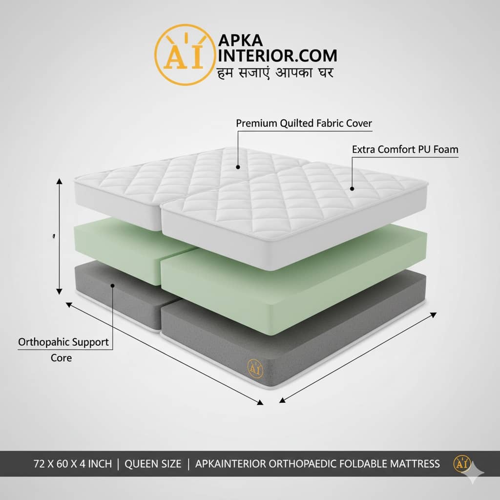 Queen Size 4-Inch Orthopaedic Foldable Mattress (72x60) | Dual Fold, Extra Comfort PU Foam Floor Bed for Guests & Travel