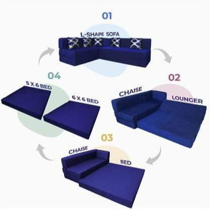 L Shaped 5 Seater Double Foam Fold Out Sofa Cum Bed (Blue) - rear_view