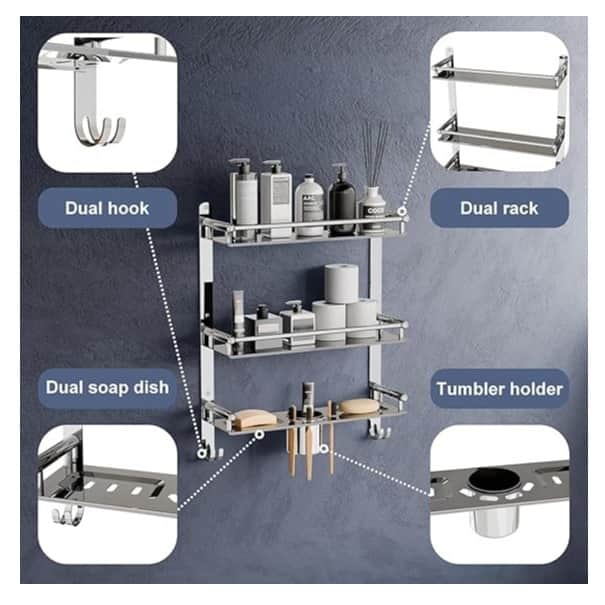 Stainless Steel 3 Tier Shelf and Rack with Double Soap Dish and Toothbrush Holder - left_view