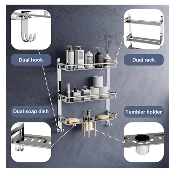 Stainless Steel 3 Tier Shelf and Rack with Double Soap Dish and Toothbrush Holder