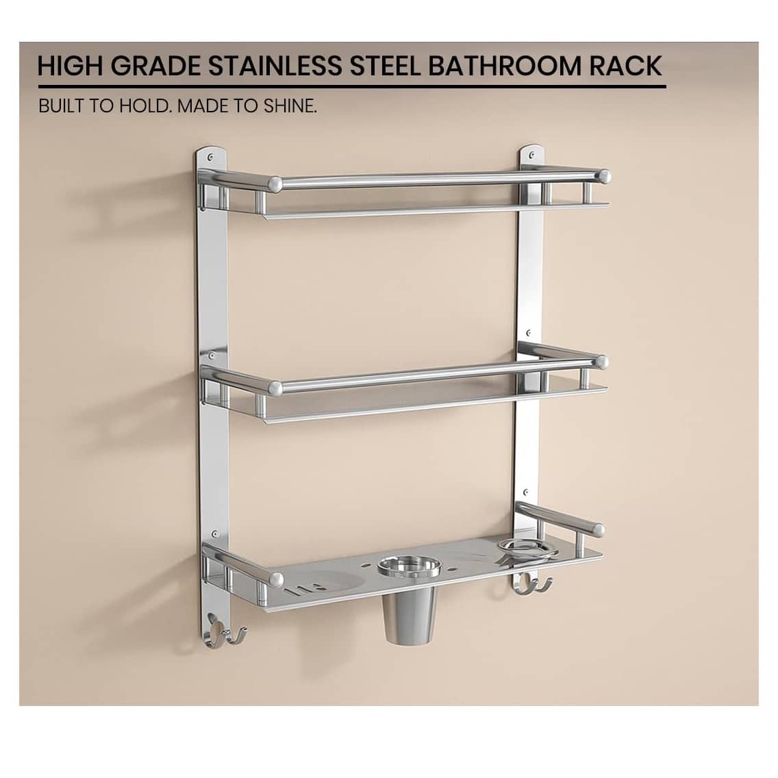 Stainless Steel 3 Tier Shelf and Rack with Double Soap Dish and Toothbrush Holder