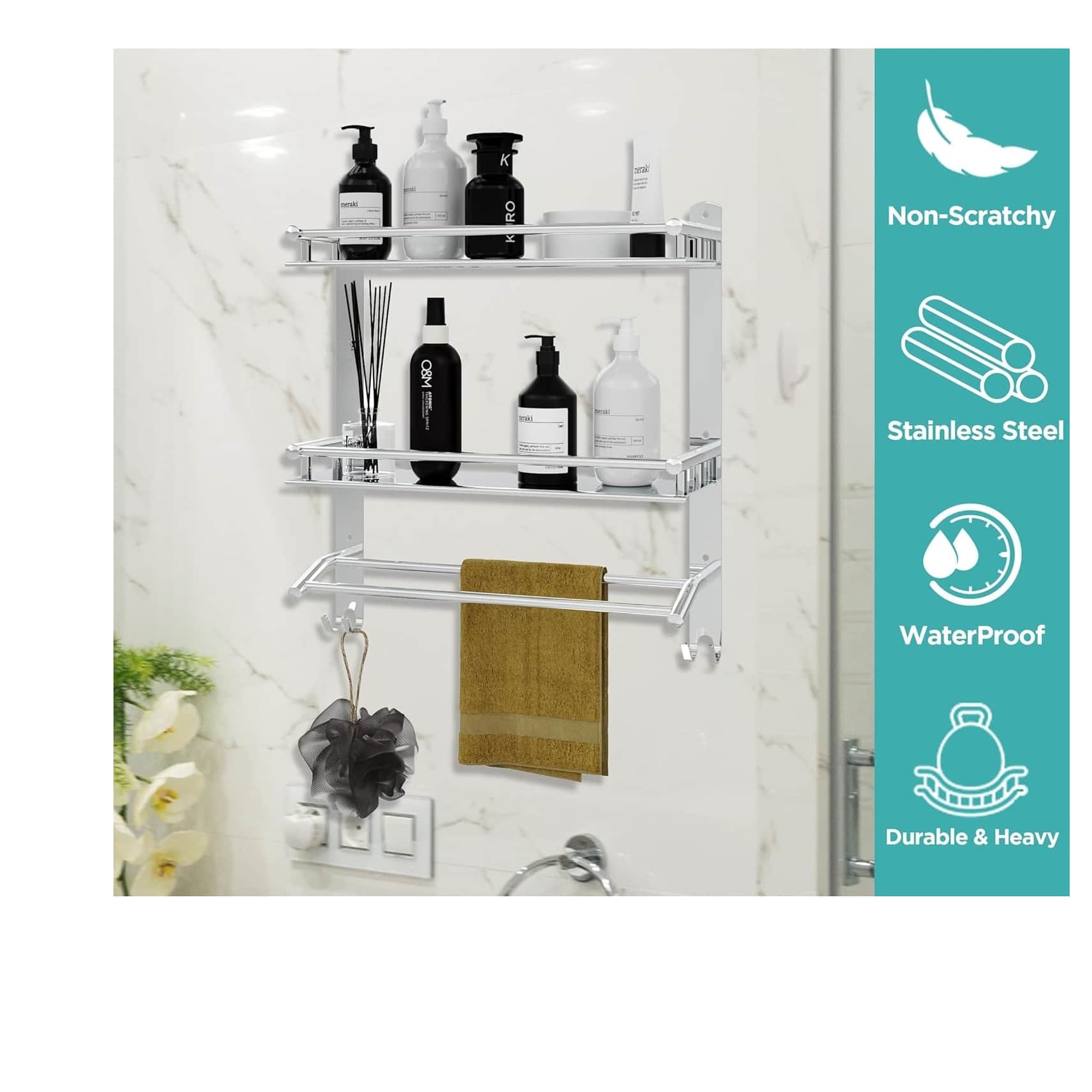 Stainless Steel Double Layer Shelf with Towel Rod (40×38×40Cm) - left_view