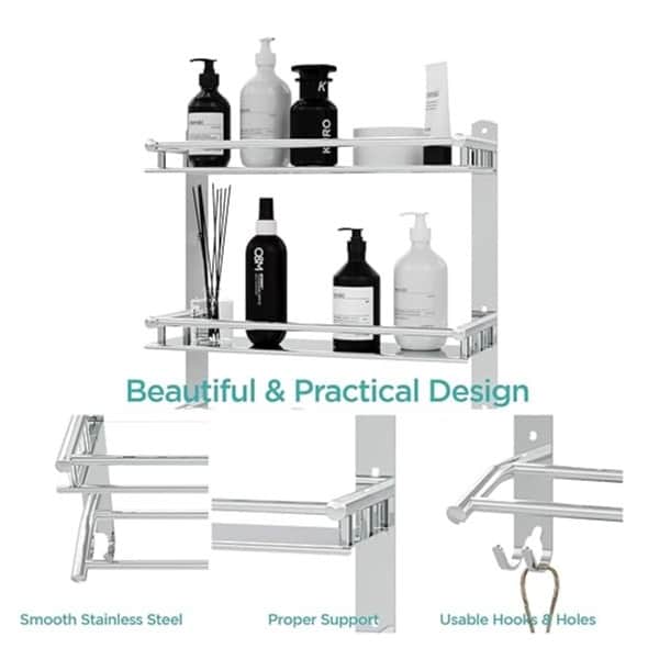 Stainless Steel Double Layer Shelf with Towel Rod (40×38×40Cm) - right_view