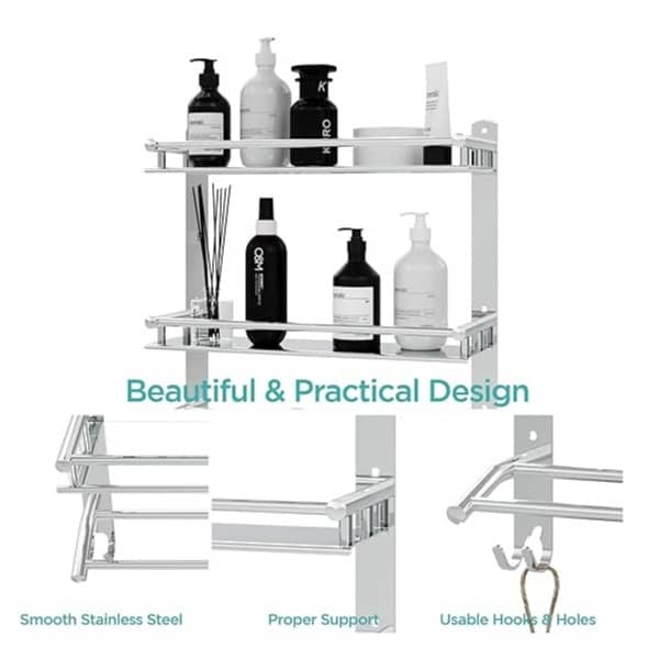 Stainless Steel Double Layer Shelf with Towel Rod (40×38×40Cm)