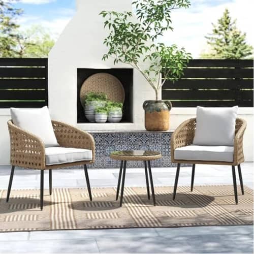 3 Pieces Porch Backyard Garden Outdoor Furniture Rattan Chairs With Cushions And Table Set (Beige And Off White), (24 X 24 X 31 Inch)