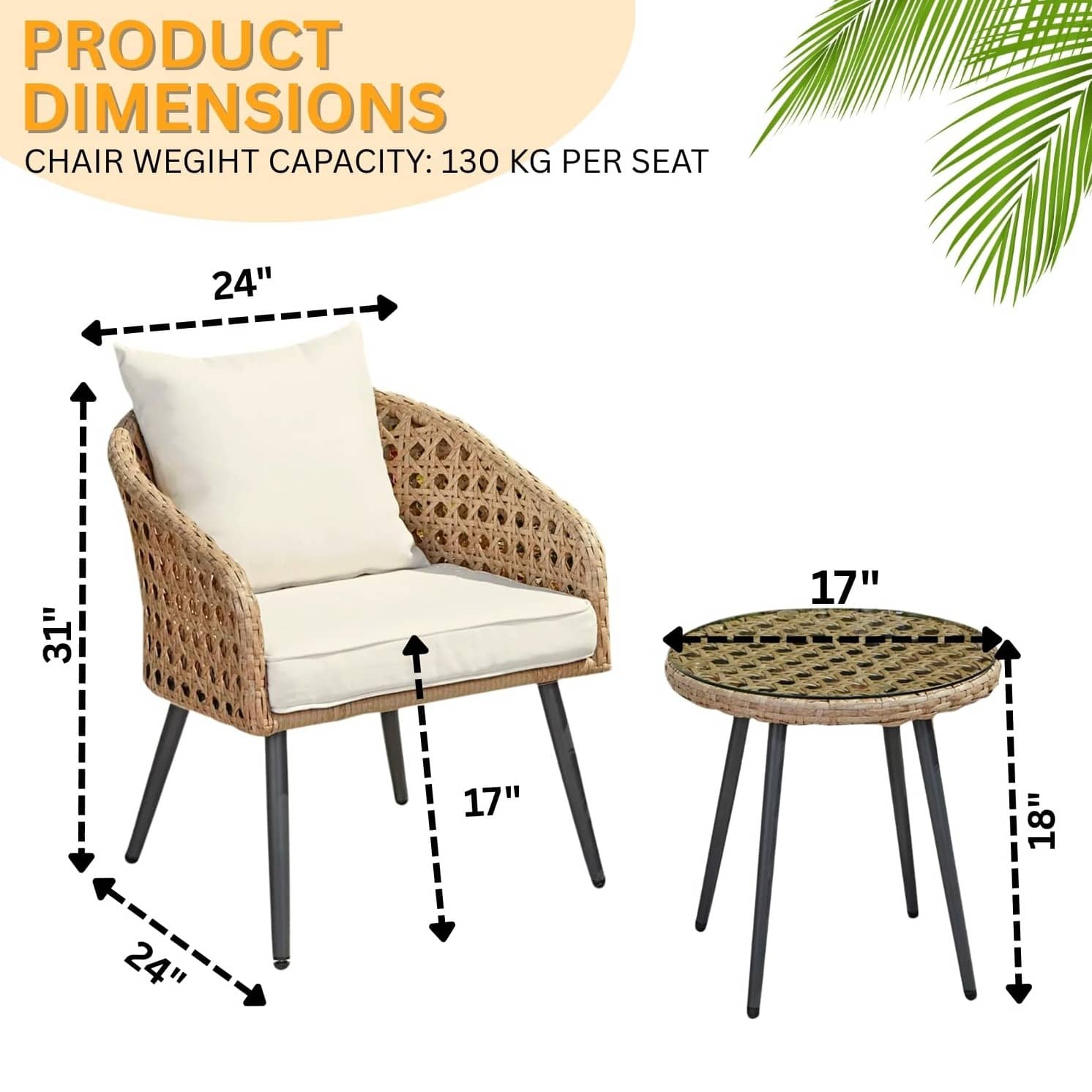 3 Pieces Porch Backyard Garden Outdoor Furniture Rattan Chairs With Cushions And Table Set (Beige And Off White), (24 X 24 X 31 Inch)