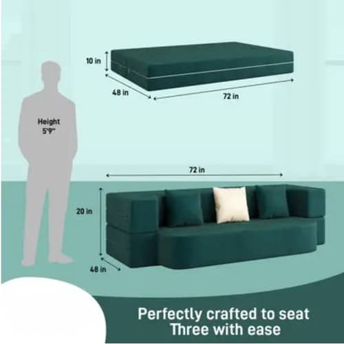 3 Seater Double Foam Pull Out Sofa Cum Bed (Green) (72x48x20 Inch)