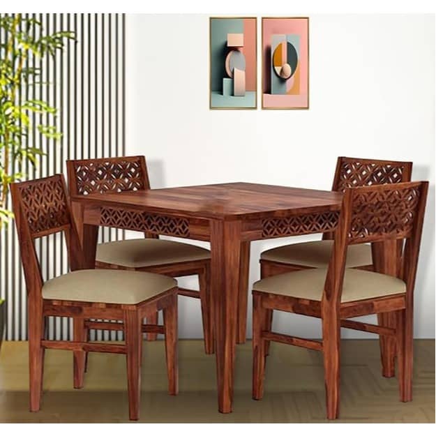 Sheesham Wood CNC 4 Seater Dining Table with Cushioned Chair