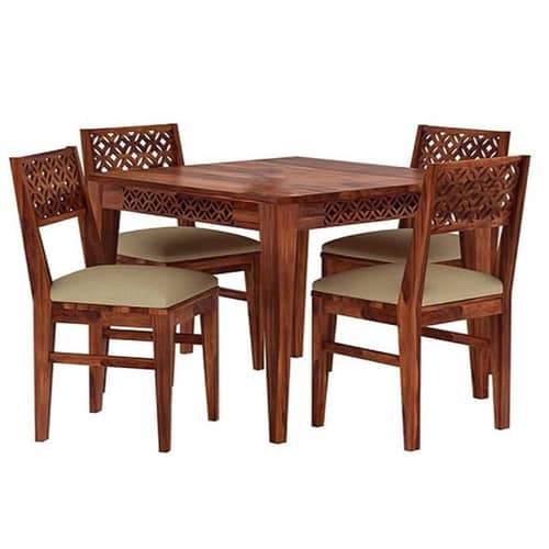 Sheesham Wood CNC 4 Seater Dining Table with Cushioned Chair