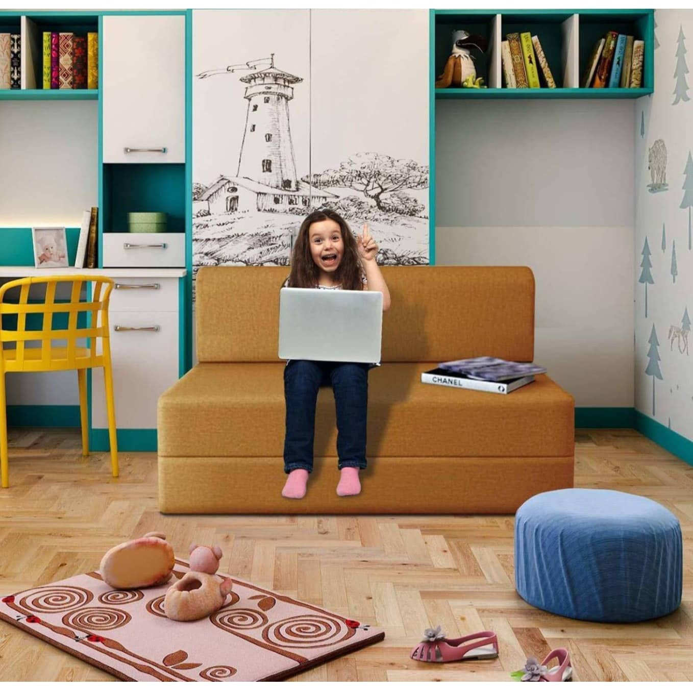 Dublin Foldable Sofa Cum Bed (Mustard Yellow) (6X5)